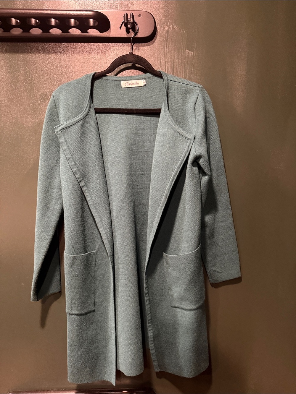 Caracilia Long Open-Front Cardigan in Dusty Teal Blue-Green